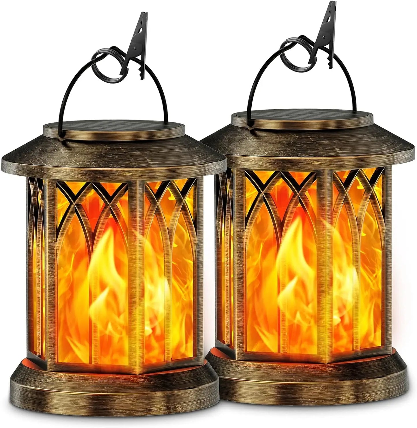 2 Pack Solar Flickering Flame Hanging Lanterns Bronze