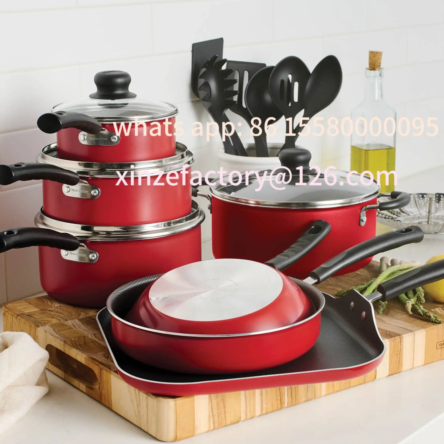 Customizable Nonstick Cookware Set 18 Piece Red Kitchen Essentials