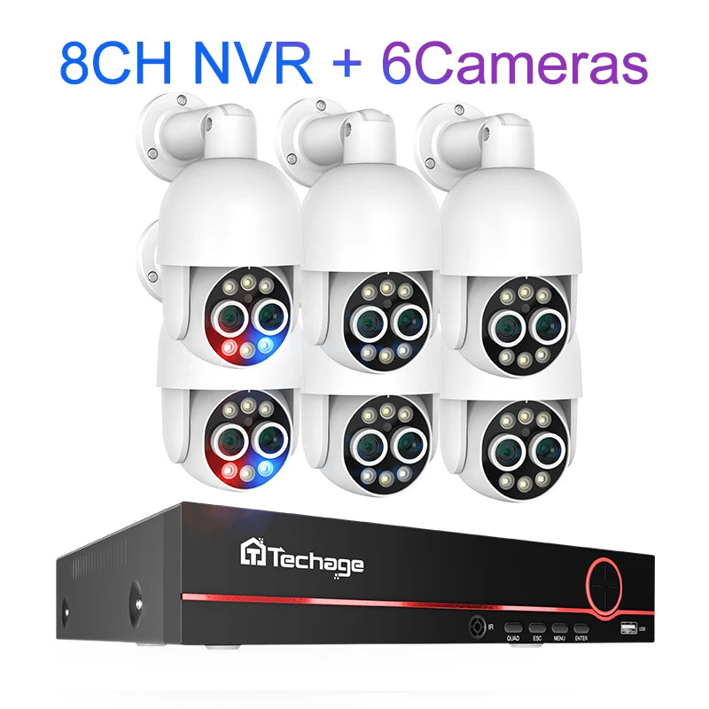 Techage 8CH PTZ 8MP Dual Lens PoE Security Camera System With 8X Zoom 4MP Two Way Audio NVR ONVIF Video Surveillance Kit