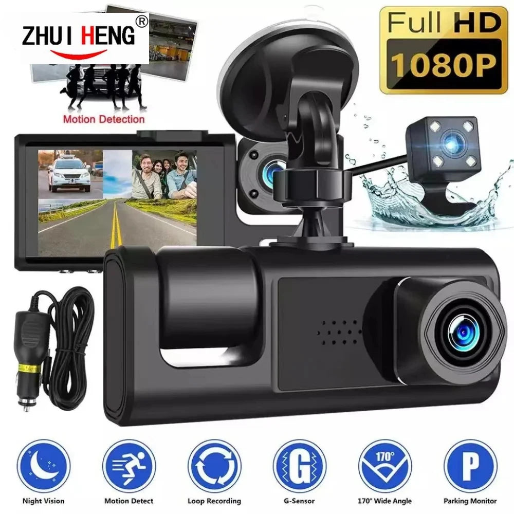 3 Camera Lens Car DVR 3 Channel Dash Cam HD 1080P Dual Lens Dashcam Video Recorder Black Box