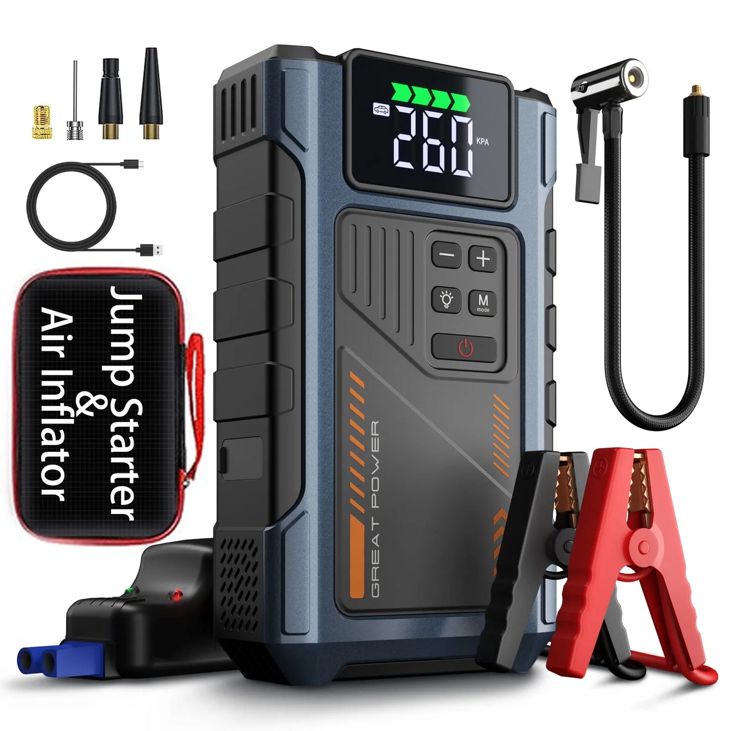 Portable Car Jump Starter With Air Compressor 3000A Peak For 7.5L Gas And 6.5L Diesel Battery Pack With 150 PSI Tire Inflator
