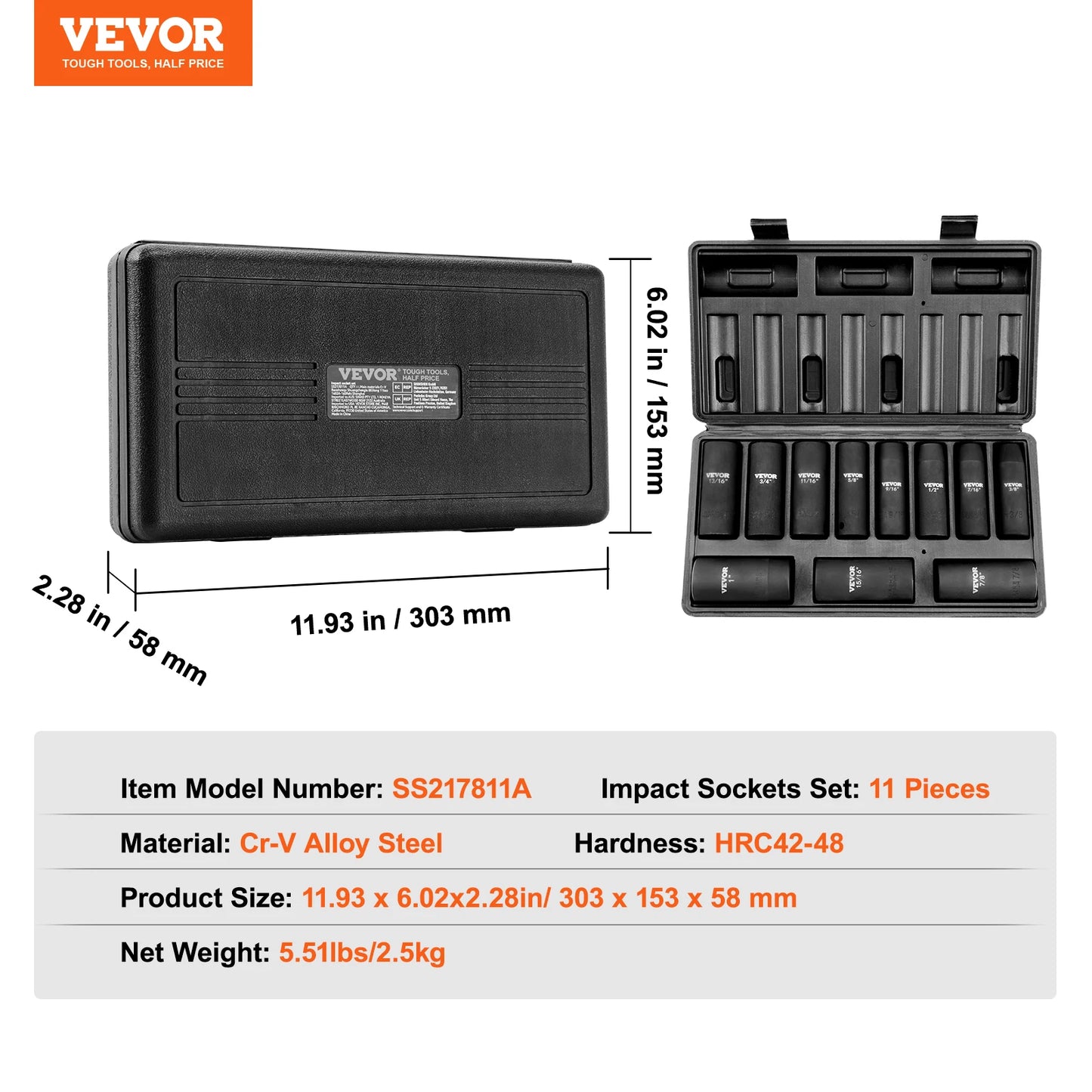 VEVOR 1/2 Inch Drive Impact Socket Set 9 Piece and 11 Piece Deep Socket Set SAE Metric Cr-Mo Cr-V Alloy Steel for Auto Repair Ratchet Tool Kit