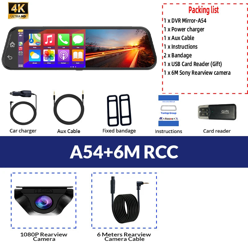 Dash Cam 4K Car Dvr Mirror Wireless Carplay & Android Auto Video Recorder 1080P Rear View Camera GPS Navigation WIFI Black Box