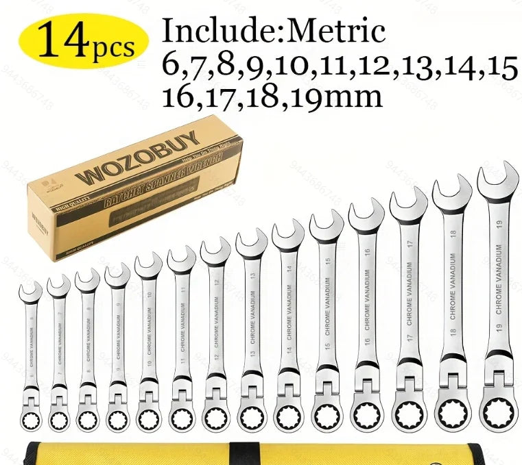 12 14 16 17pcs Flex Head Ratchet Wrench Set 6 26mm 72 Teeth Cr V Combination Ended Span Kit