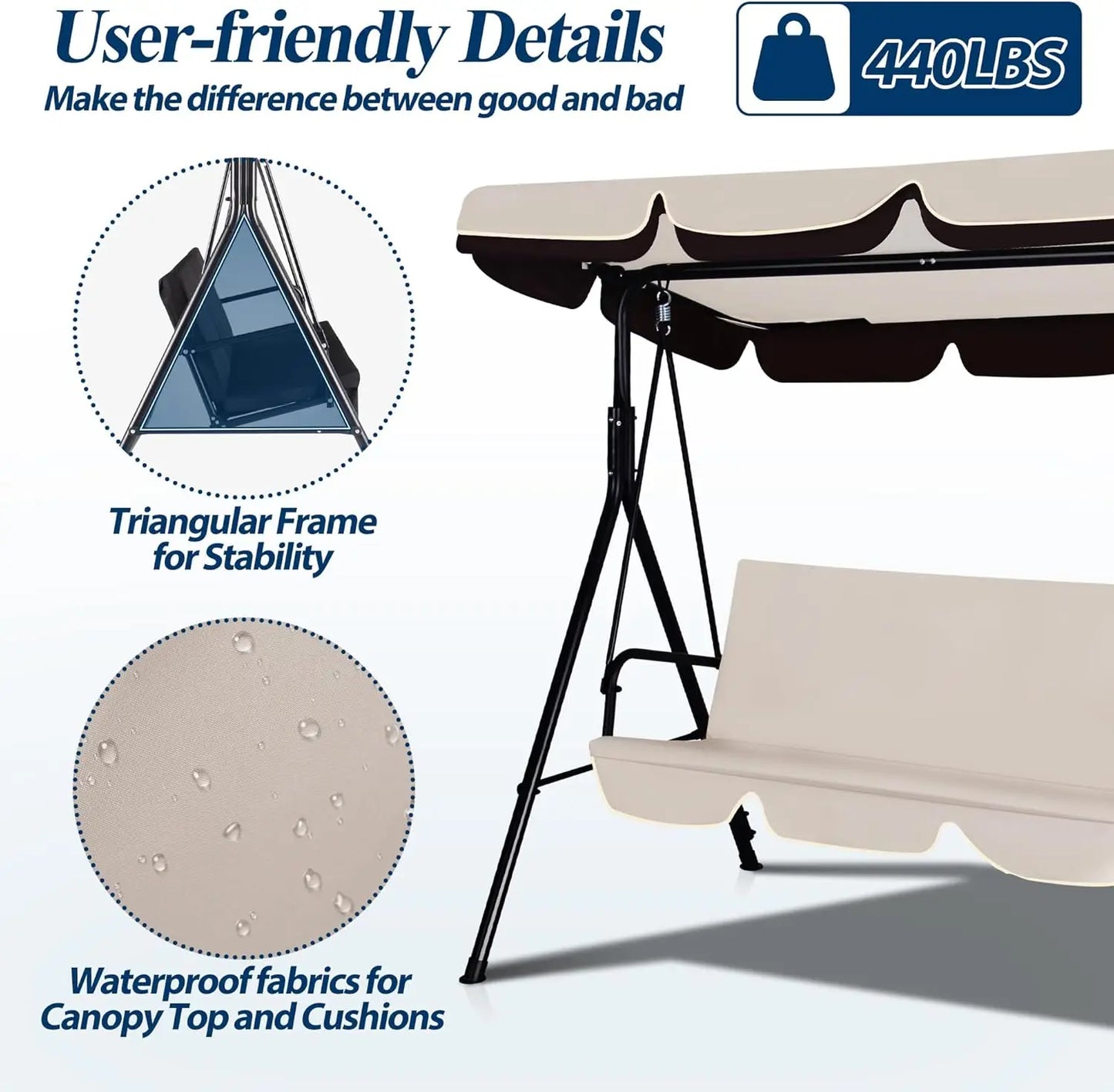 3 Seat Outdoor Porch Swing with Adjustable Canopy and Durable Metal Frame Garden Swing Chair