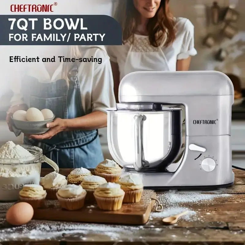 Cheftronic 6 Speed Stand Mixer with 7 Quart Stainless Steel Mixing Bowl,Dough hook, Egg whisk, Kitchen mixer with US Plug