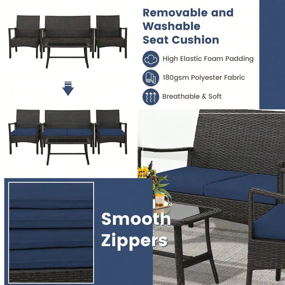 4 Pieces Patio PE Wicker Sofa with Tempered Glass Coffee Table for Porch and Backyard