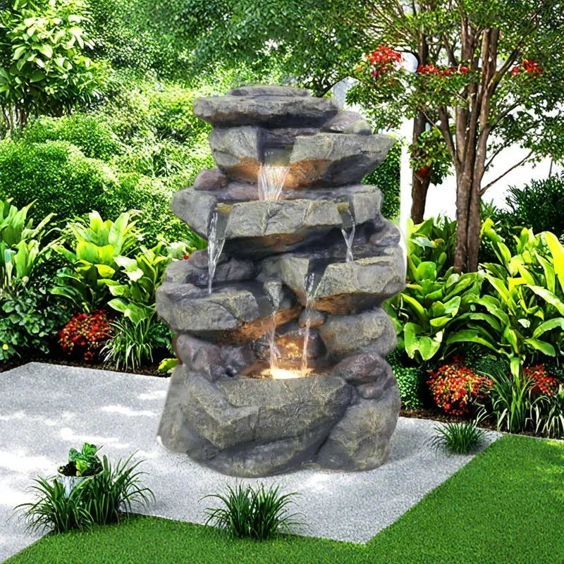 Resin Desktop Indoor Waterfall Fountain LED Tabletop Decor With Stacked Rocks