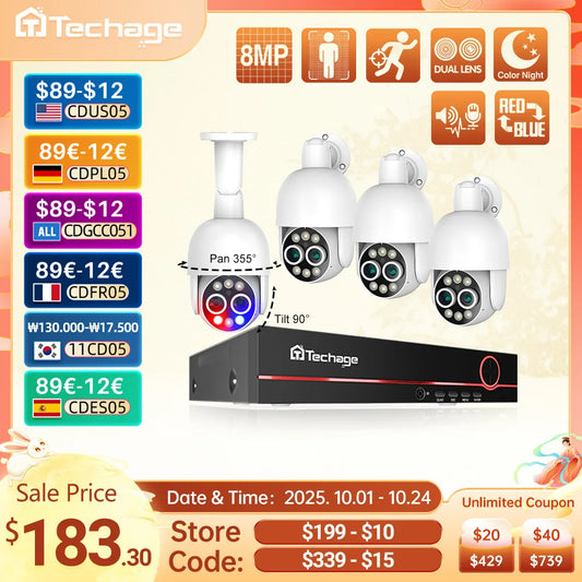 Techage 8CH PTZ 8MP Dual Lens PoE Security Camera System With 8X Zoom 4MP Two Way Audio NVR ONVIF Video Surveillance Kit