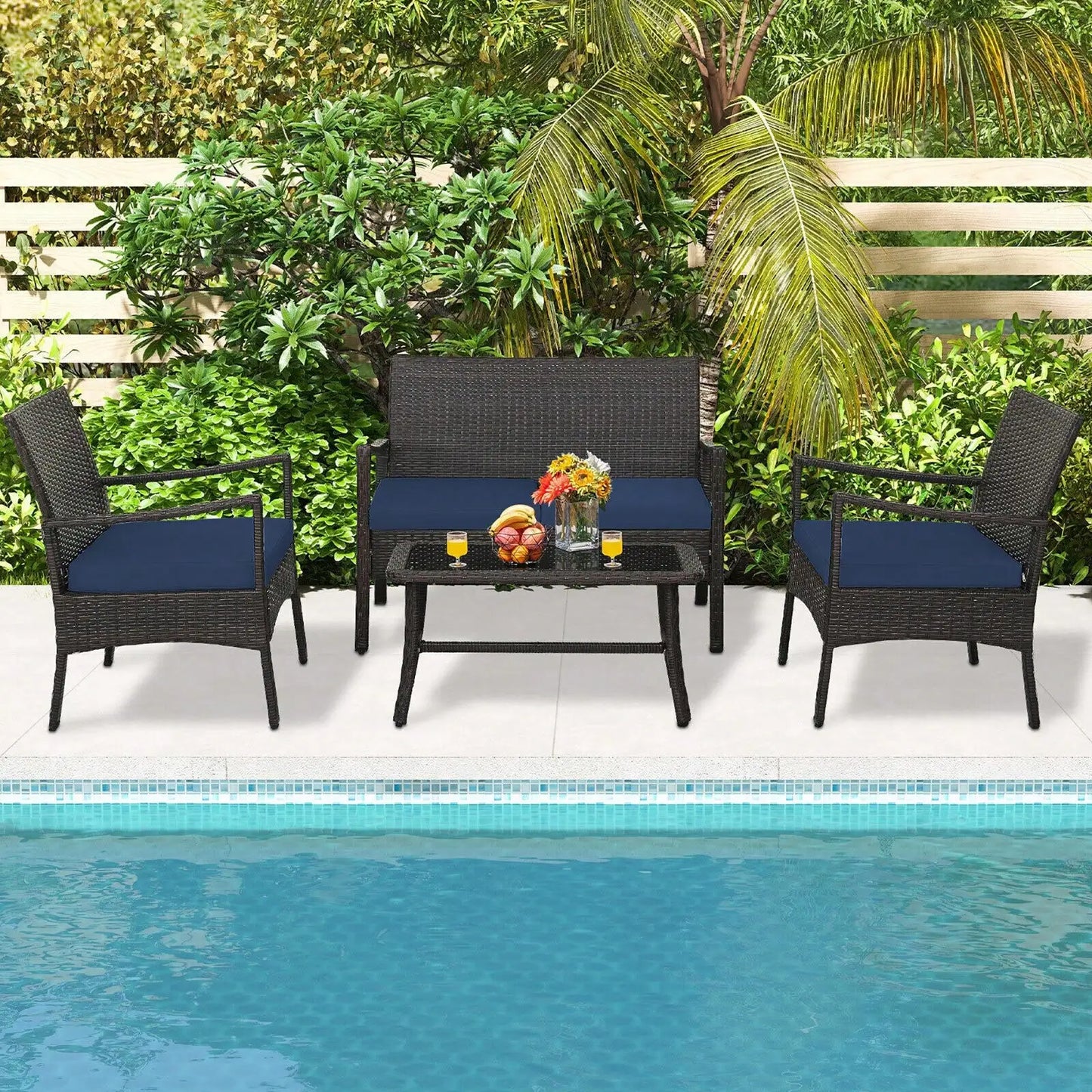 4 Pieces Patio PE Wicker Sofa with Tempered Glass Coffee Table for Porch and Backyard