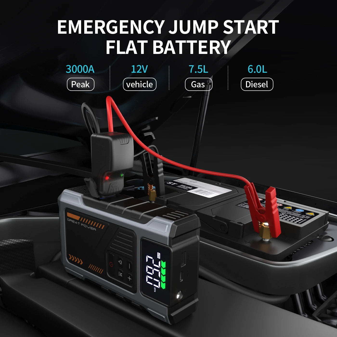 Portable Car Jump Starter With Air Compressor 3000A Peak For 7.5L Gas And 6.5L Diesel Battery Pack With 150 PSI Tire Inflator