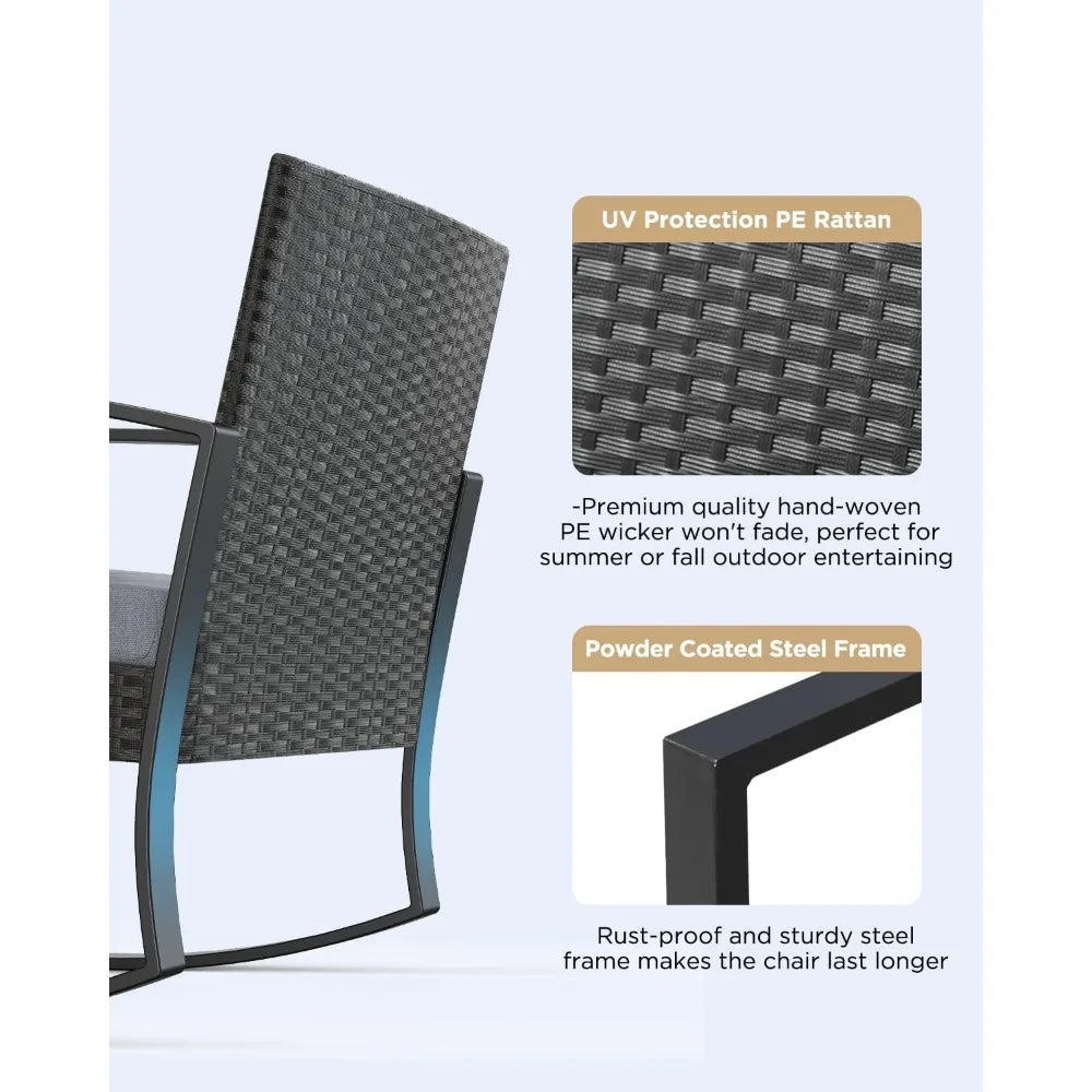 3 Pieces Patio Furniture Set Rocking Bistro Set Outdoor Rattan Conversation