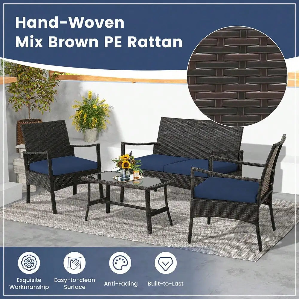 4 Pieces Patio PE Wicker Sofa with Tempered Glass Coffee Table for Porch and Backyard