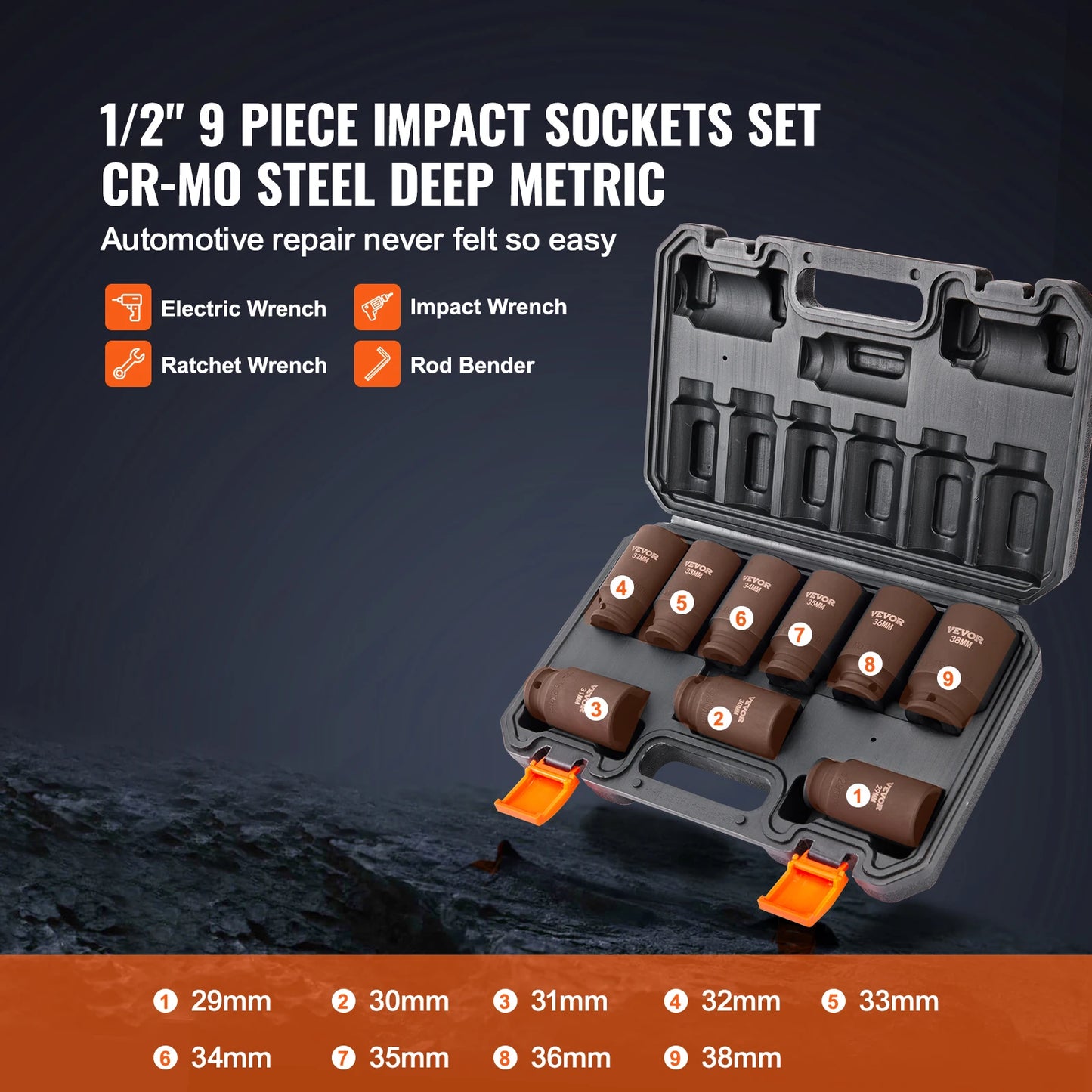 VEVOR 1/2 Inch Drive Impact Socket Set 9 Piece and 11 Piece Deep Socket Set SAE Metric Cr-Mo Cr-V Alloy Steel for Auto Repair Ratchet Tool Kit