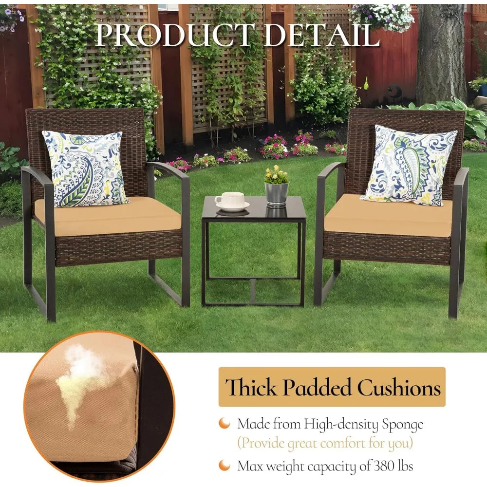 3 Pieces Patio Bistro Sets, Outdoor Wicker Furniture Set,Rattan Conversation with Coffee Table for Yard Balcony Garden,Brown Cus