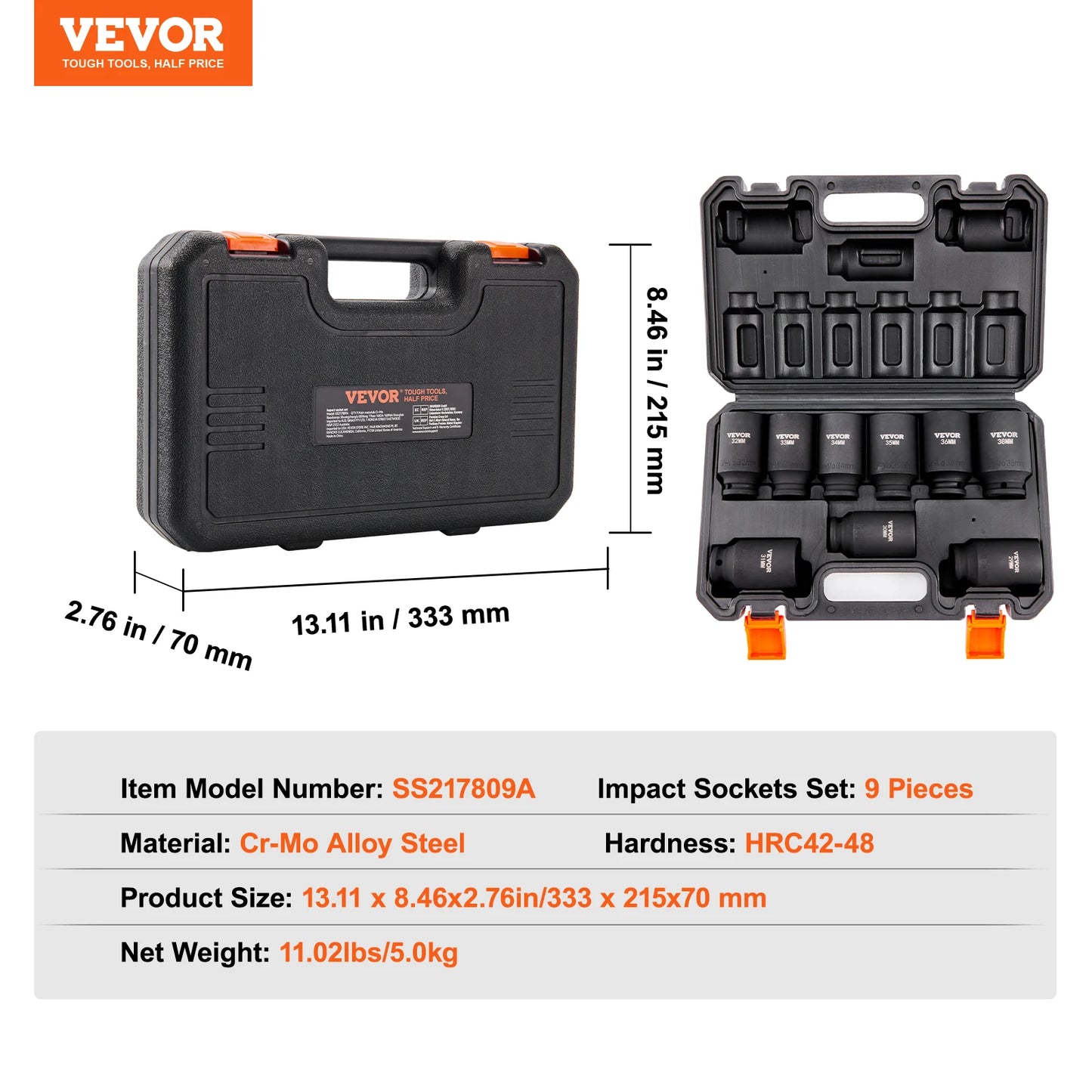 VEVOR 1/2 Inch Drive Impact Socket Set 9 Piece and 11 Piece Deep Socket Set SAE Metric Cr-Mo Cr-V Alloy Steel for Auto Repair Ratchet Tool Kit