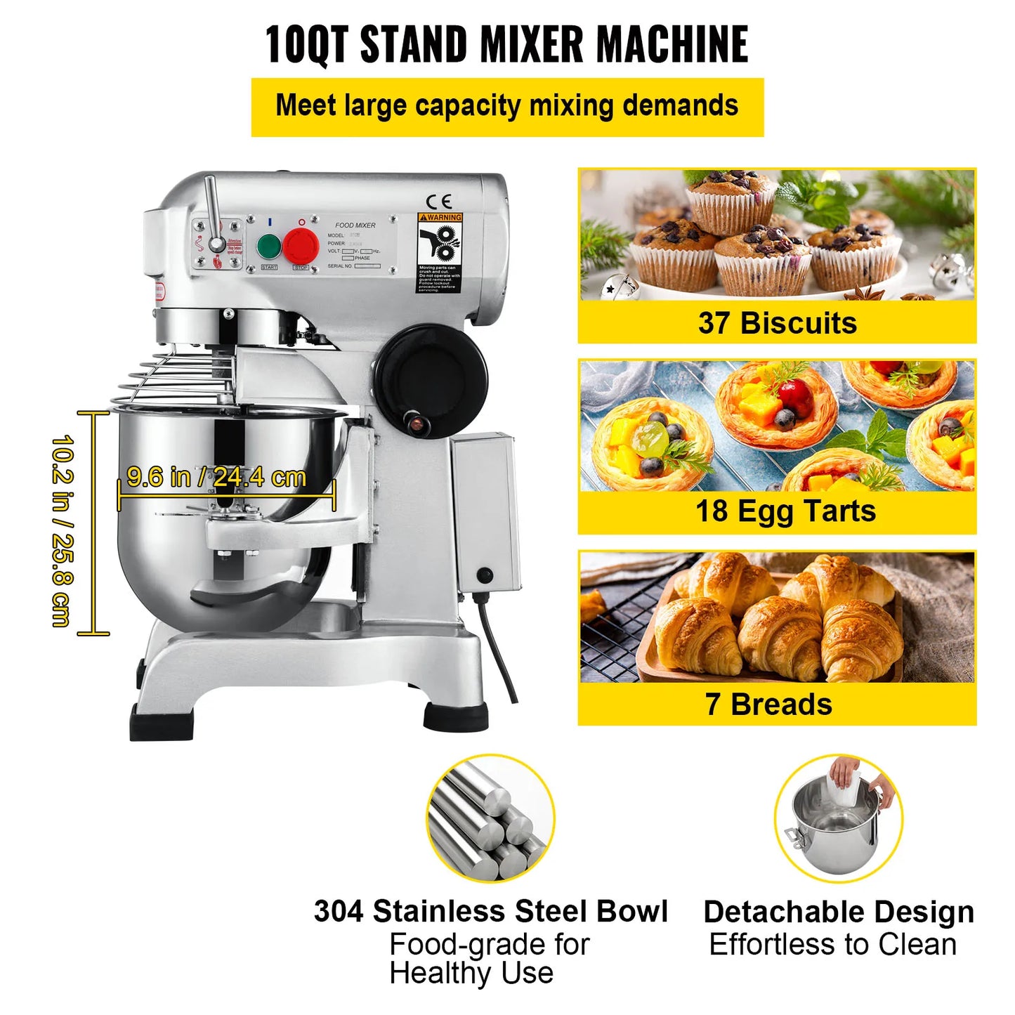 VEVOR Electric Dough Machine 10/15/20/30Qt Stainless Steel Commercial Cream Egg Whisk Mixer Processor Kitchen Food Stand Blender