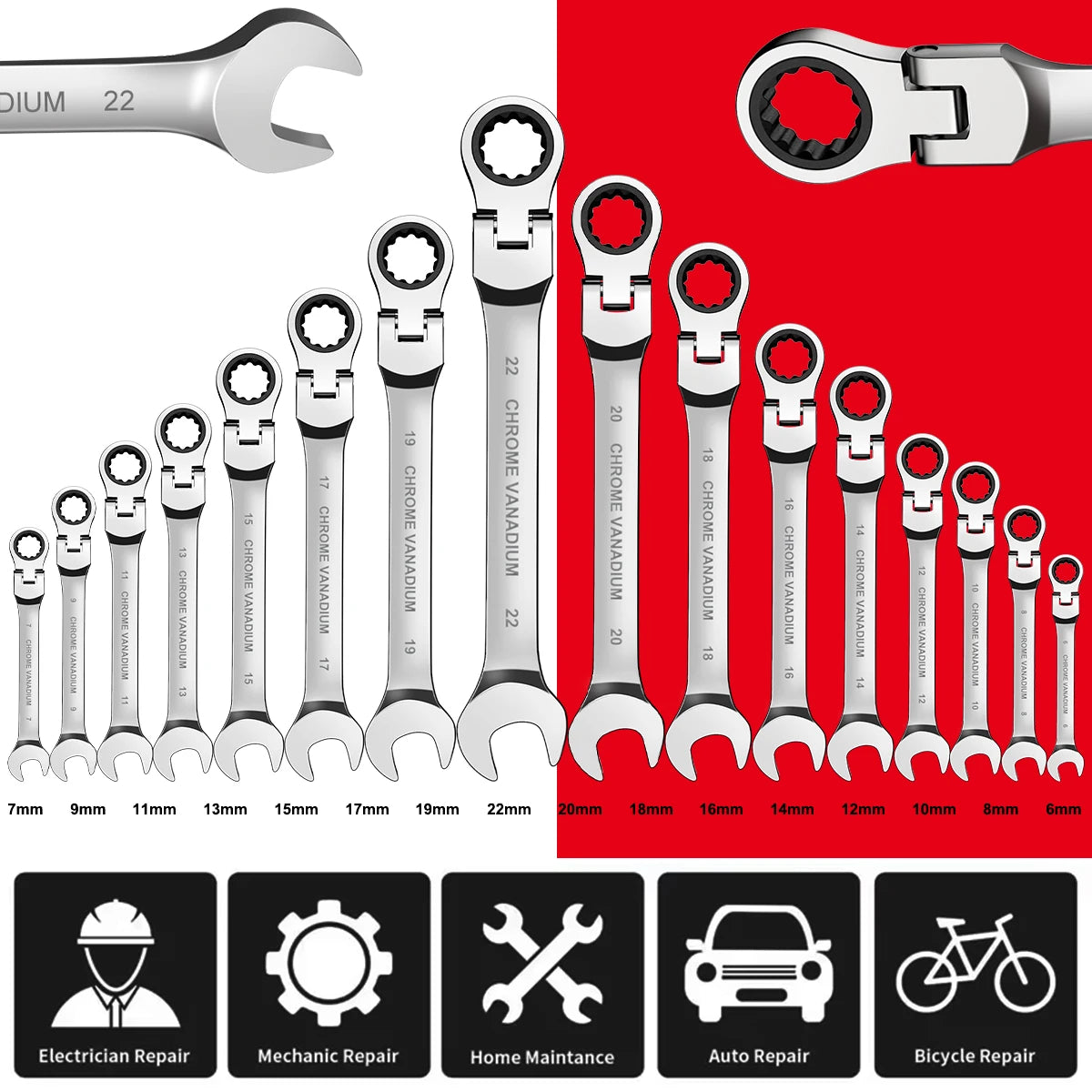 12 14 16 17pcs Flex Head Ratchet Wrench Set 6 26mm 72 Teeth Cr V Combination Ended Span Kit