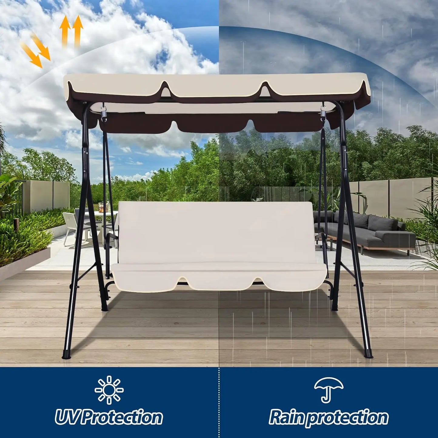 3 Seat Outdoor Porch Swing with Adjustable Canopy and Durable Metal Frame Garden Swing Chair