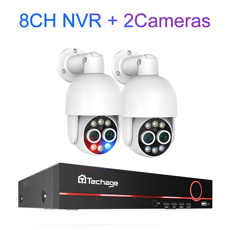 Techage 8CH PTZ 8MP Dual Lens PoE Security Camera System With 8X Zoom 4MP Two Way Audio NVR ONVIF Video Surveillance Kit