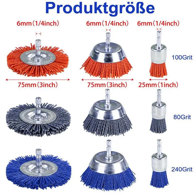 Abrasive Wire Wheel Cup Brush Filament Hex Shank 9 Piece