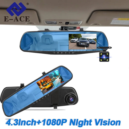 E-ACE Dash Cam 4.3 Inches Car DVR Rearview Mirror Driving Recorder Dual Lens Front and Rear Camera Video Recorder Black Box