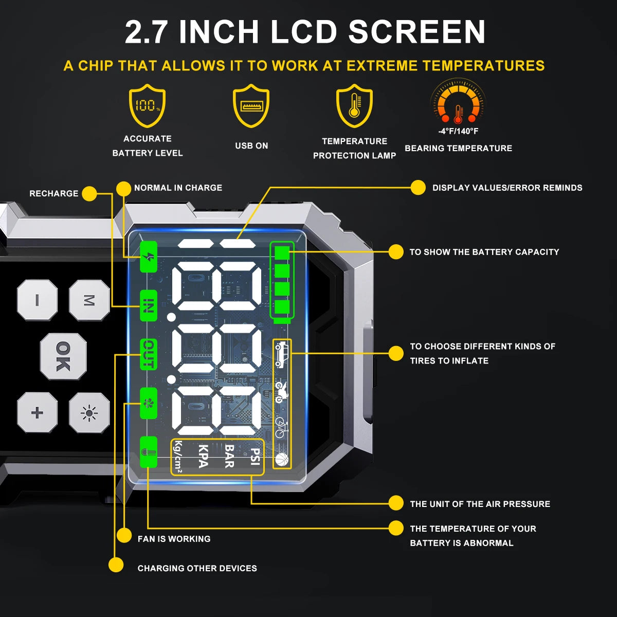 Car Jump Starter With Air Compressor LCD Screen 21800mAh
