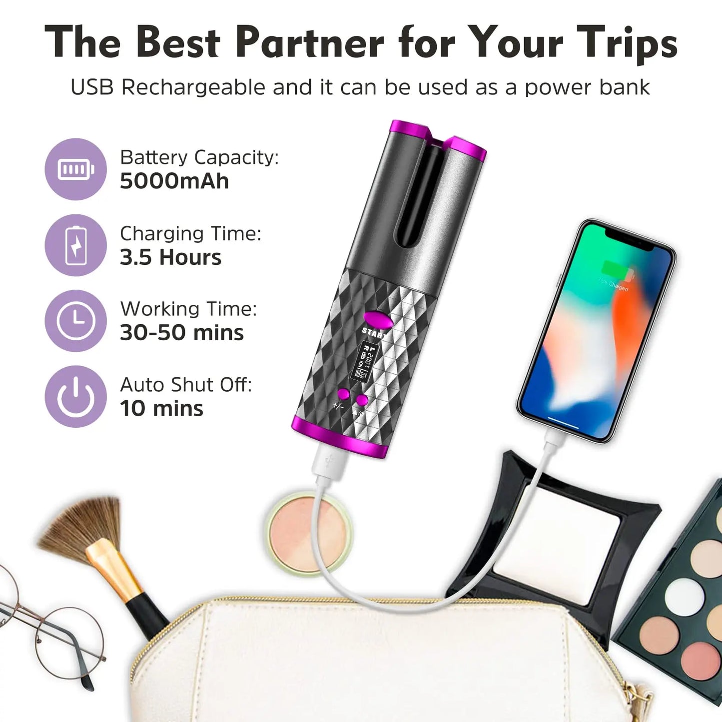 Cordless Curling Iron, USB Rechargeable, Ceramic Automatic Rotating Hair Curler with 6 Temps, Portable Hair Dryer Styler,Timers