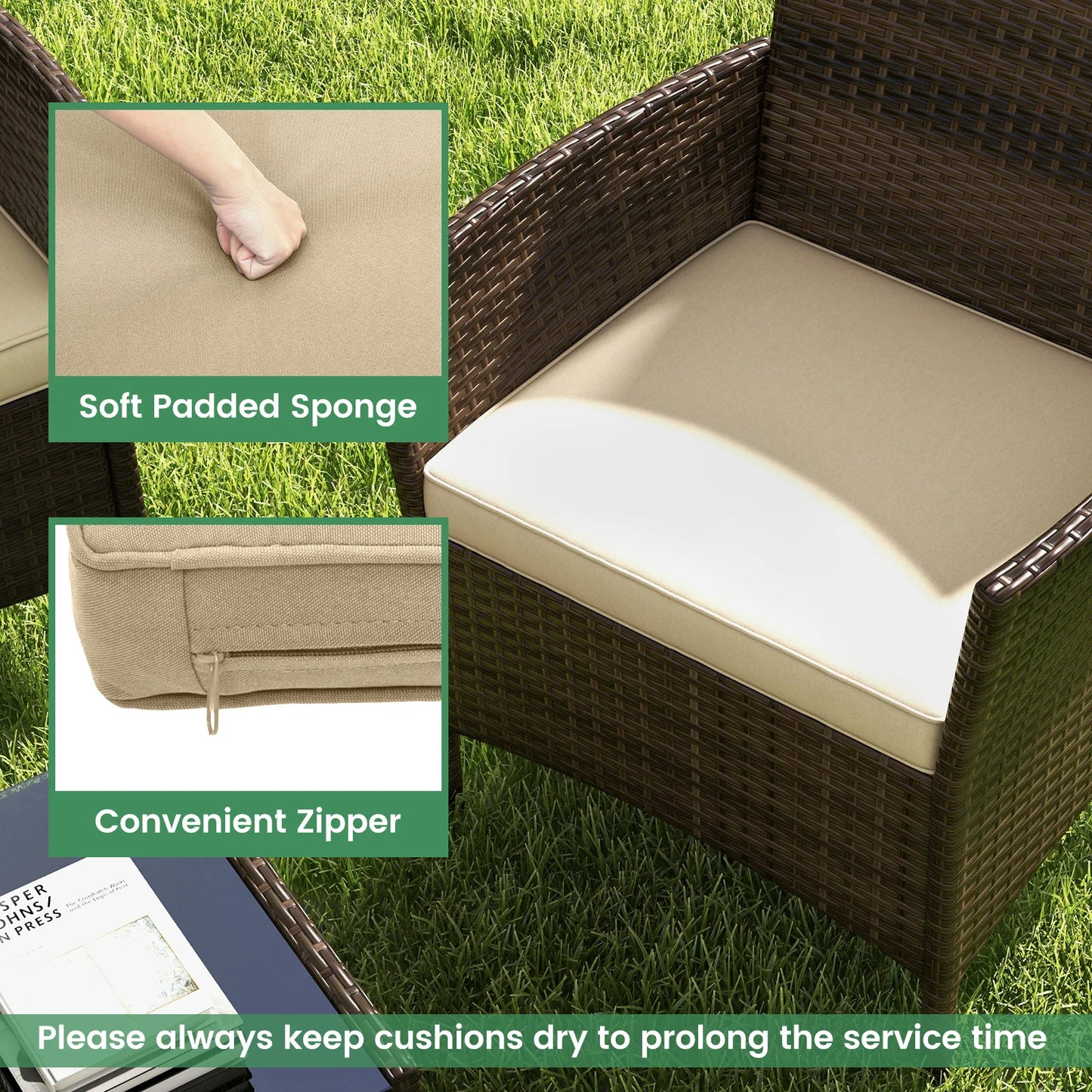 4 Patio Set With Washable Cushions And Glass Table Beige