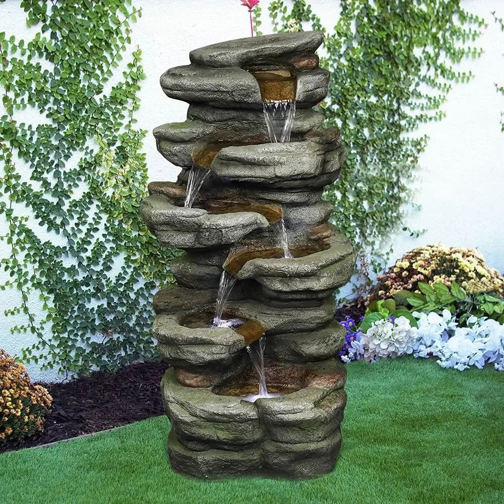 30.7 Inches Outdoor Water Fountain 6-Tiers Rock Waterfall