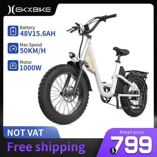 EKX L1 Adult Electric Bike 1000W Motor（1400W peak）34MPH, 48V 15.6Ah Removable Battery With 20''4.0 Fat Tire 7 Speed Urban Ebike