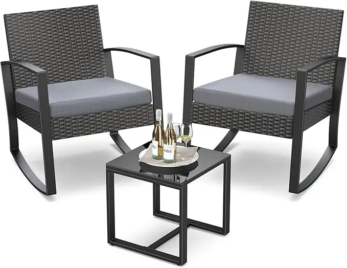3 Pieces Patio Furniture Set Rocking Bistro Set Outdoor Rattan Conversation