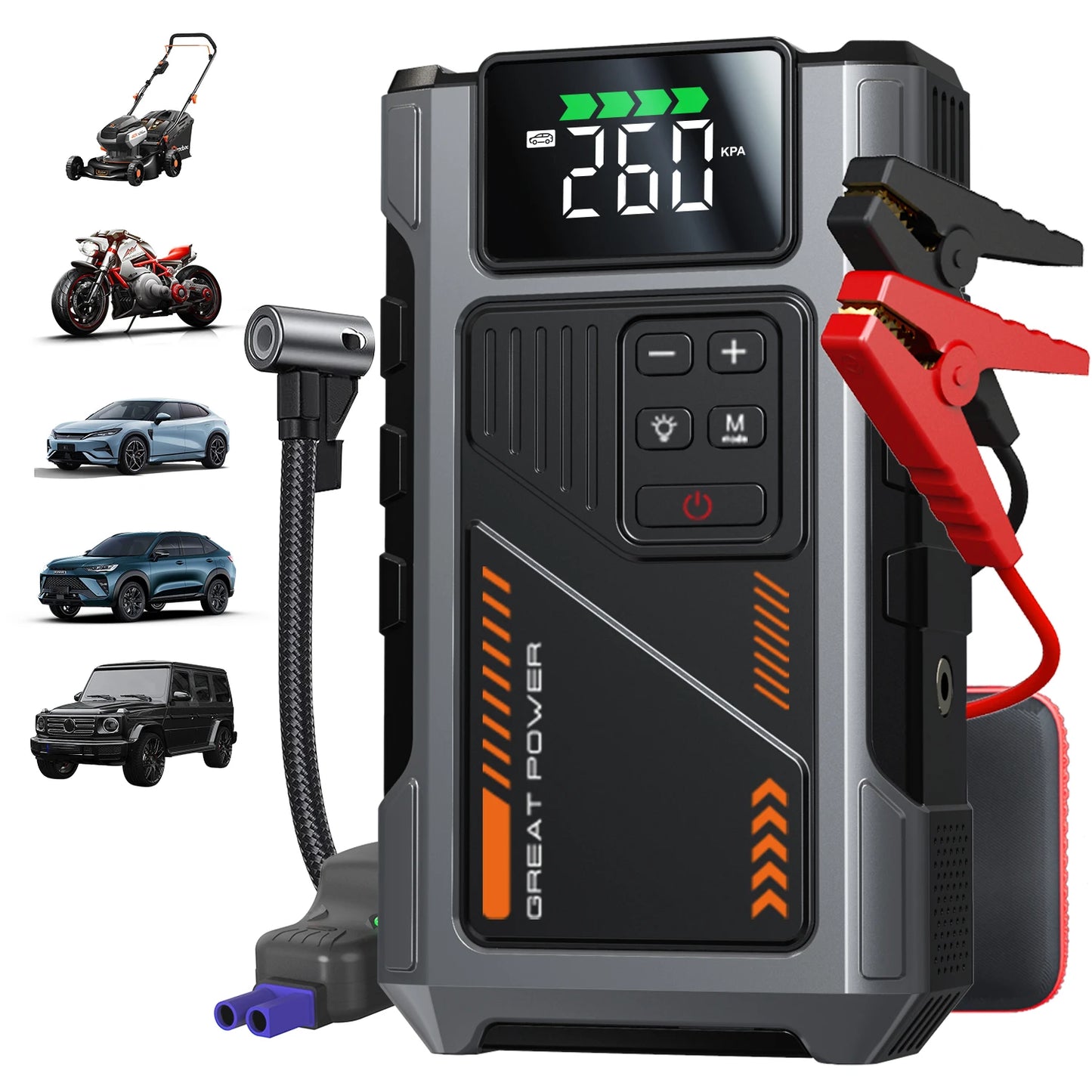 Portable Car Jump Starter With Air Compressor 3000A Peak For 7.5L Gas And 6.5L Diesel Battery Pack With 150 PSI Tire Inflator