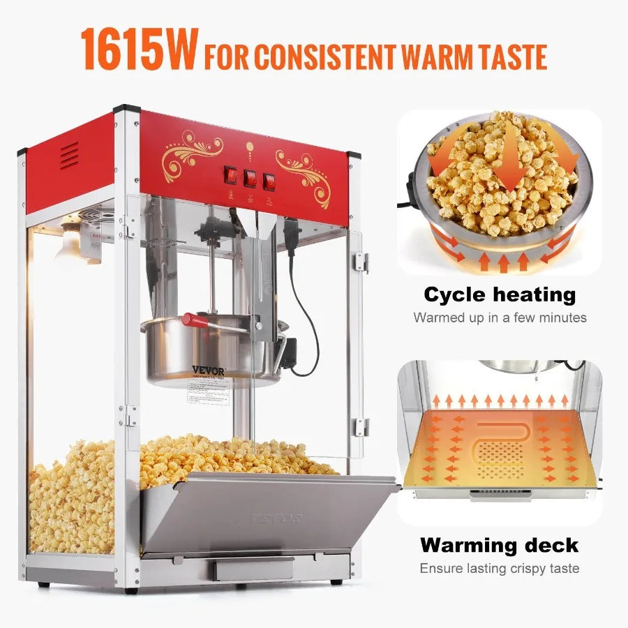Electric 1615W Red Countertop Popcorn Popper Machine 16 Oz Popcorn Maker For Home Kitchen