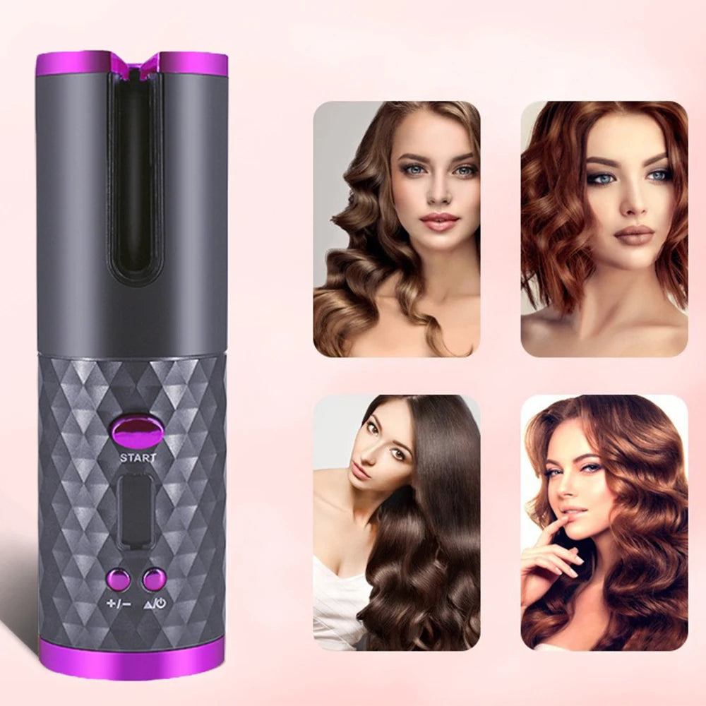 Cordless Curling Iron, USB Rechargeable, Ceramic Automatic Rotating Hair Curler with 6 Temps, Portable Hair Dryer Styler,Timers