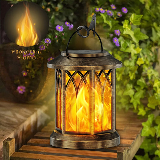 2 Pack Solar Flickering Flame Hanging Lanterns Bronze