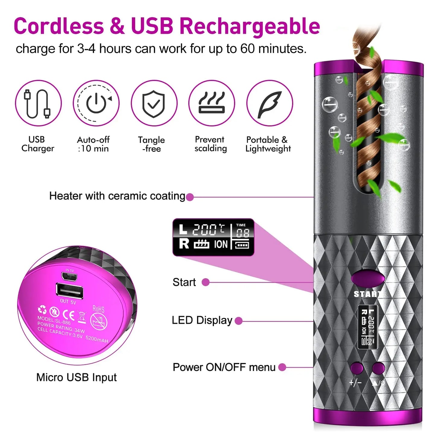 Cordless Curling Iron, USB Rechargeable, Ceramic Automatic Rotating Hair Curler with 6 Temps, Portable Hair Dryer Styler,Timers