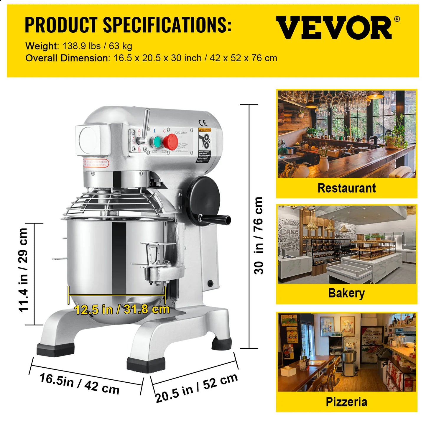 VEVOR Electric Dough Machine 10/15/20/30Qt Stainless Steel Commercial Cream Egg Whisk Mixer Processor Kitchen Food Stand Blender