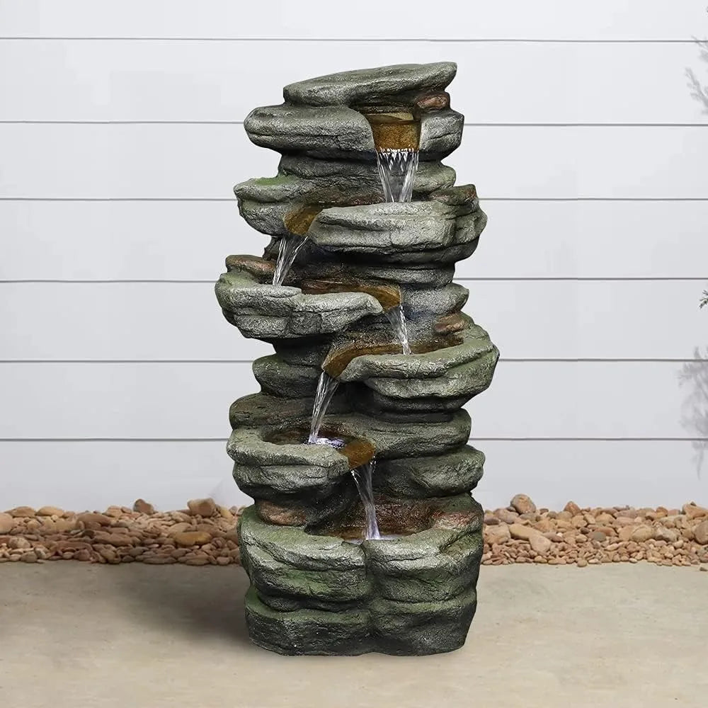 30.7 Inches Outdoor Water Fountain 6-Tiers Rock Waterfall