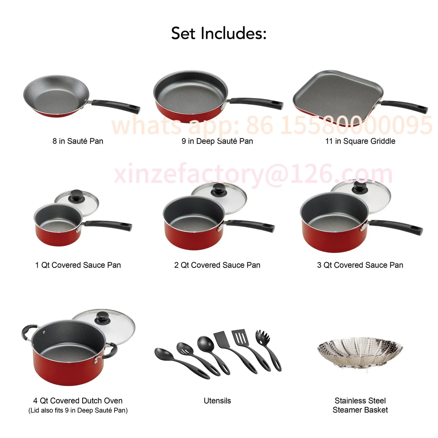 Customizable Nonstick Cookware Set 18 Piece Red Kitchen Essentials