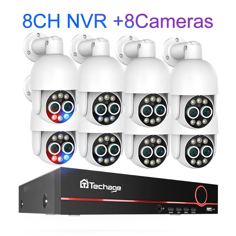Techage 8CH PTZ 8MP Dual Lens PoE Security Camera System With 8X Zoom 4MP Two Way Audio NVR ONVIF Video Surveillance Kit