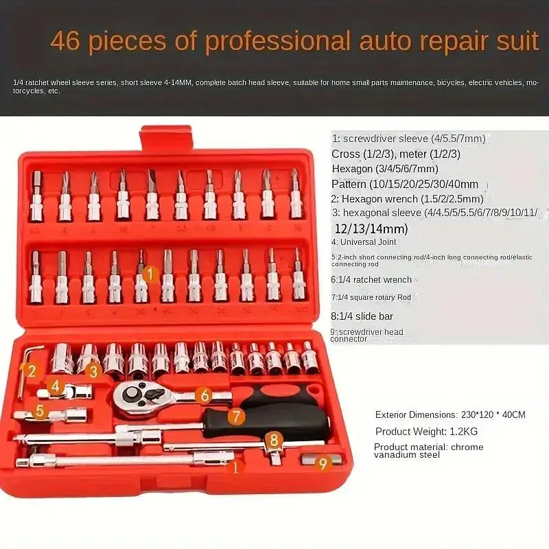 46PCS 1/4 Inch Drive Socket Set for Car Repair Tools