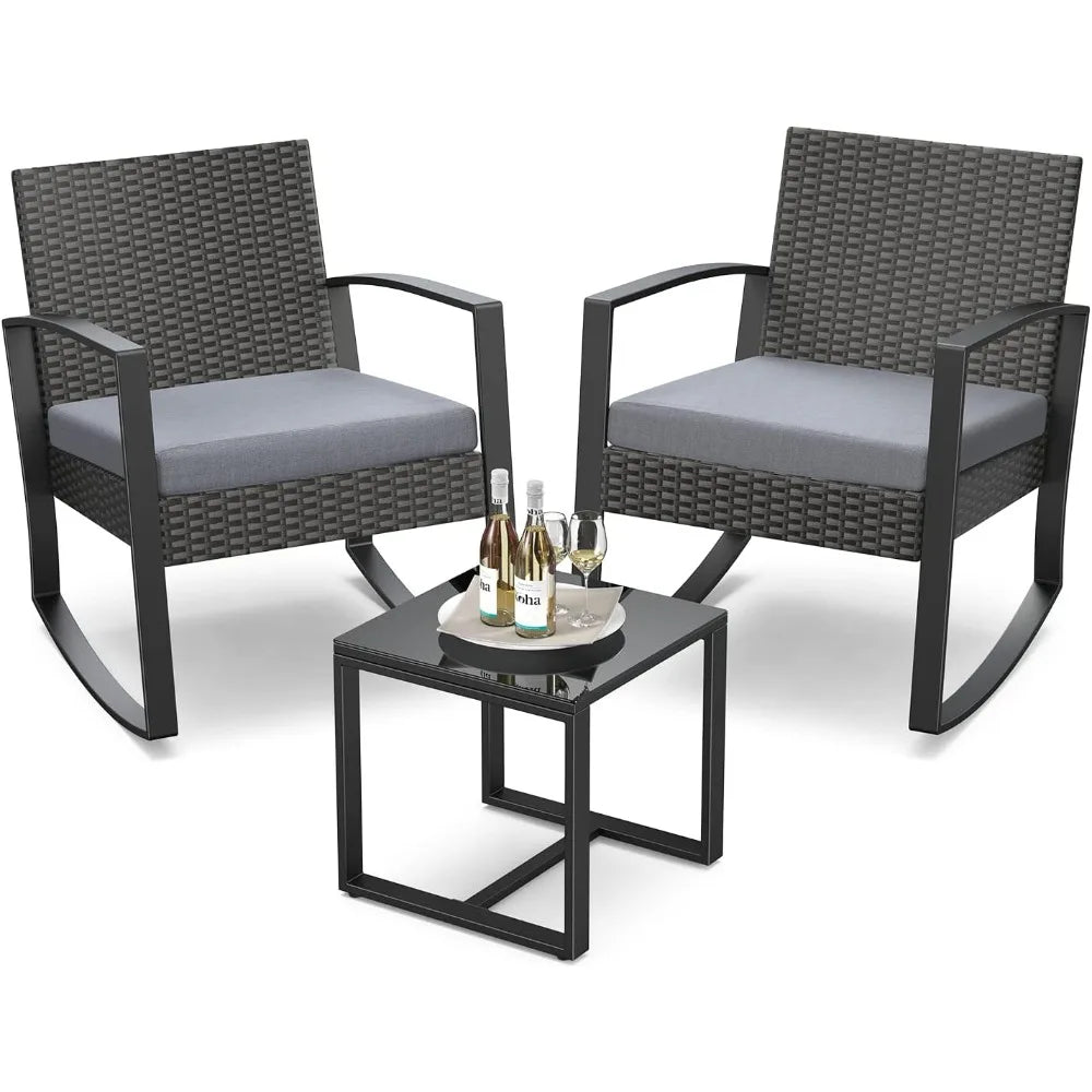 3 Pieces Patio Furniture Set Rocking Bistro Set Outdoor Rattan Conversation