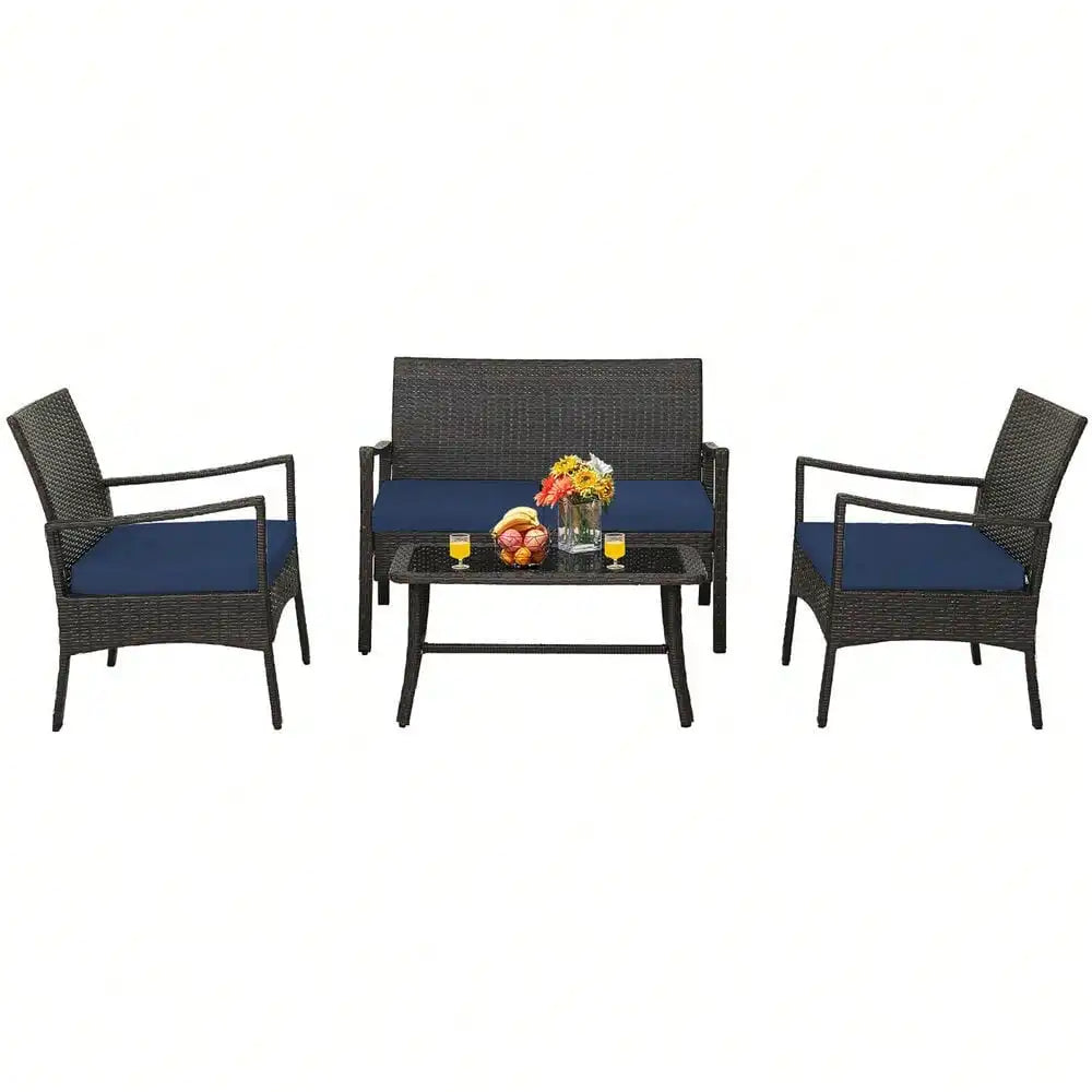 4 Pieces Patio PE Wicker Sofa with Tempered Glass Coffee Table for Porch and Backyard