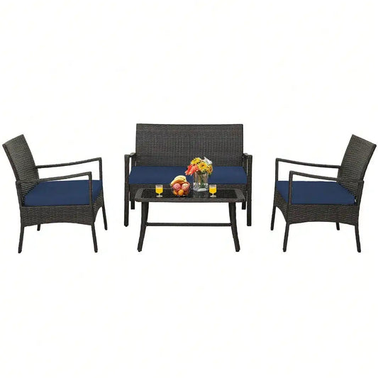 4 Pieces Patio PE Wicker Sofa with Tempered Glass Coffee Table for Porch and Backyard