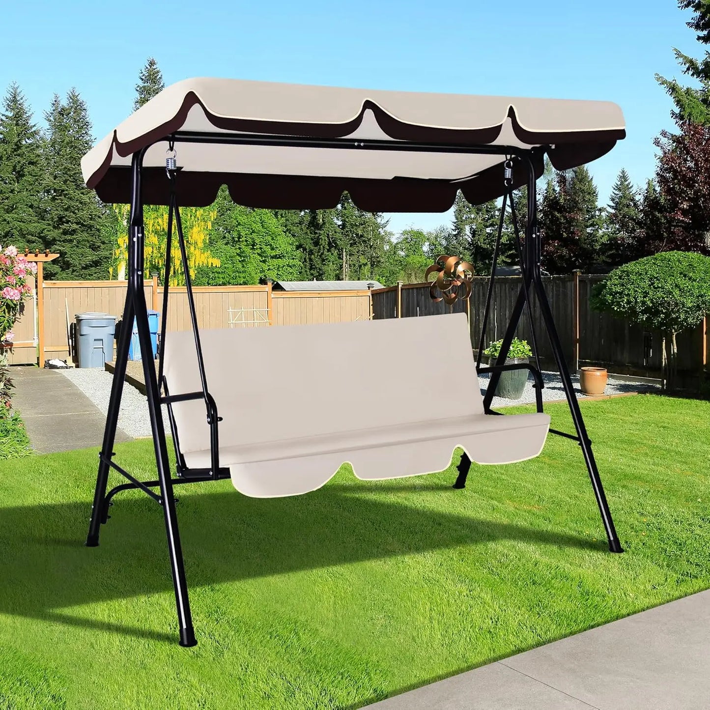 3 Seat Outdoor Porch Swing with Adjustable Canopy and Durable Metal Frame Garden Swing Chair