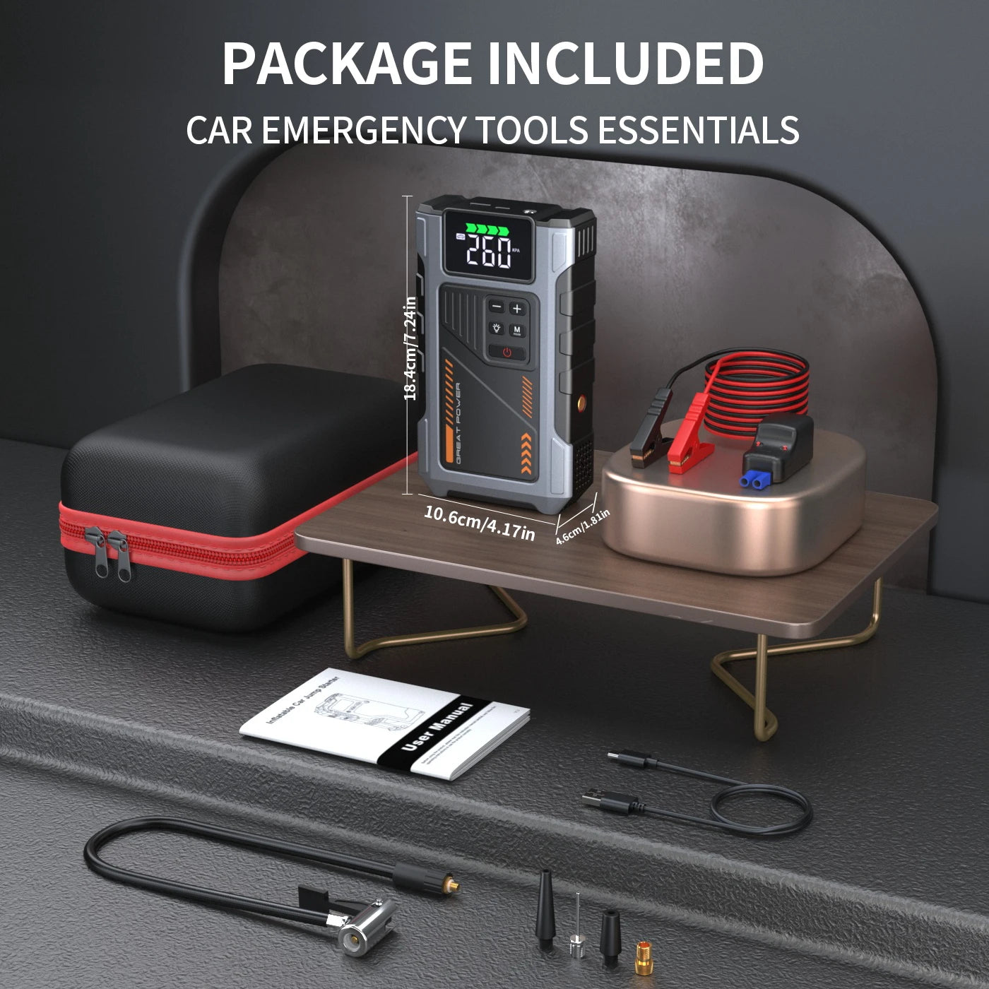Portable Car Jump Starter With Air Compressor 3000A Peak For 7.5L Gas And 6.5L Diesel Battery Pack With 150 PSI Tire Inflator