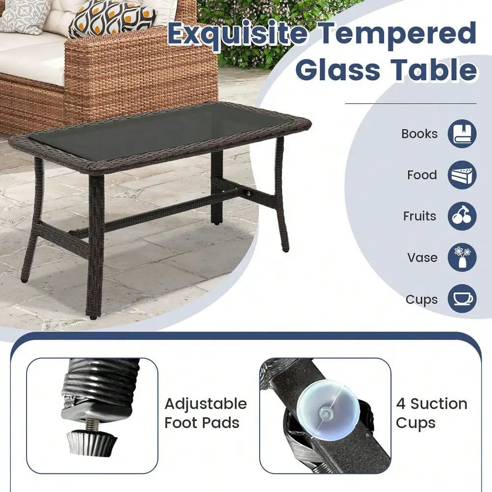 4 Pieces Patio PE Wicker Sofa with Tempered Glass Coffee Table for Porch and Backyard