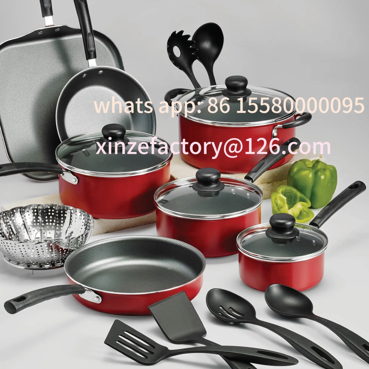 Customizable Nonstick Cookware Set 18 Piece Red Kitchen Essentials