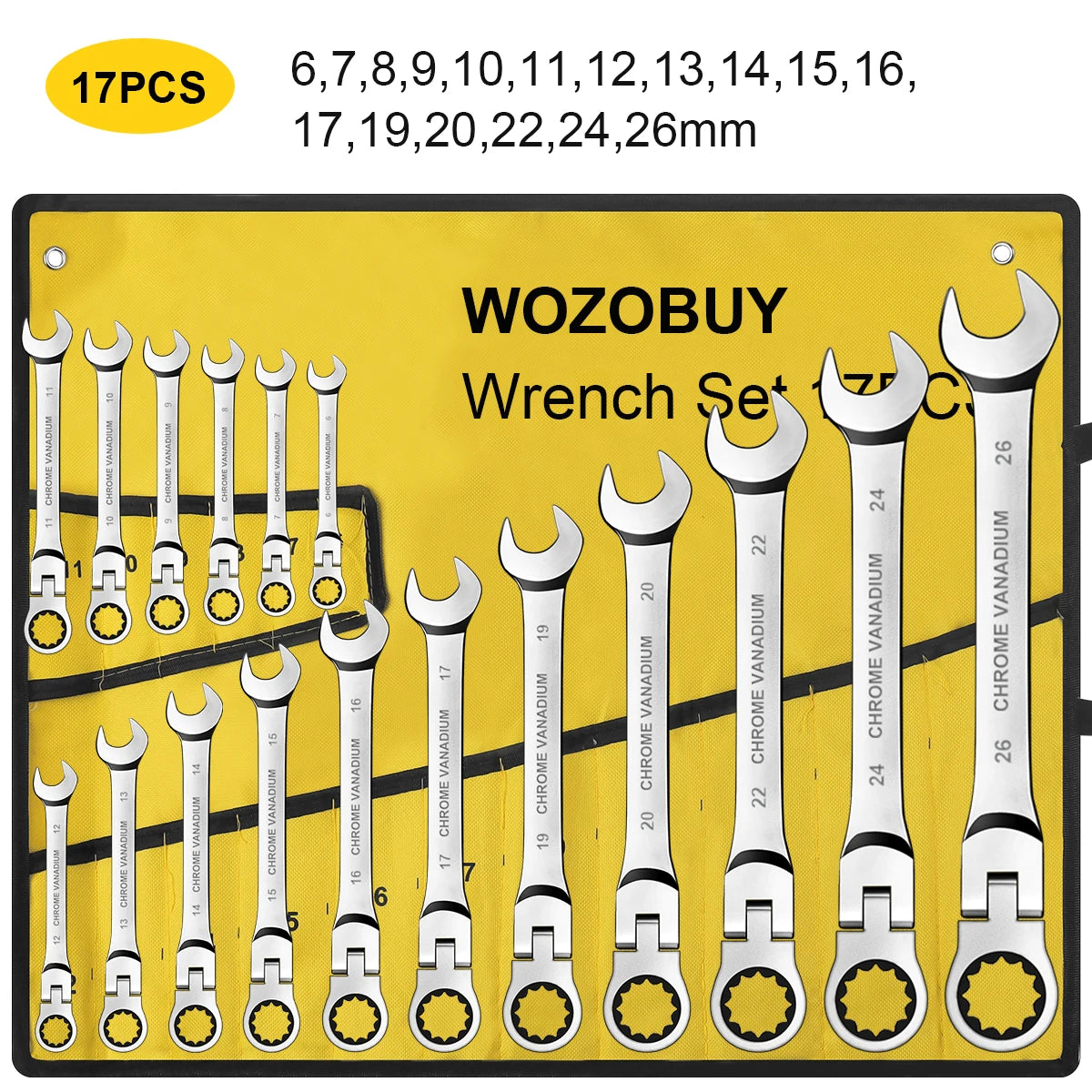 12 14 16 17pcs Flex Head Ratchet Wrench Set 6 26mm 72 Teeth Cr V Combination Ended Span Kit